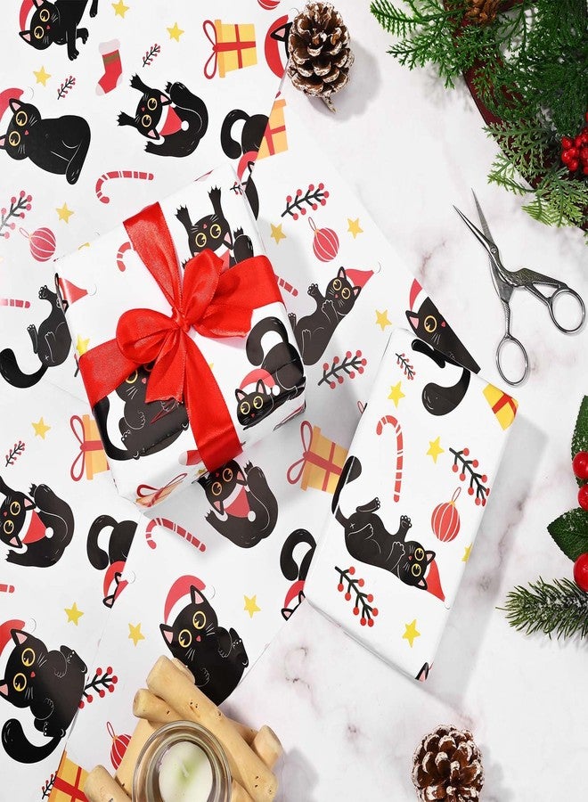 Bolsome 12 Sheets Cat Christmas Wrapping Paper Adorable Cartoon Xmas Black Kitty in Santa Hats Gift Wrap Paper for Holiday Xmas Party Celebration, 20" x 28" (Cat) - Image 4